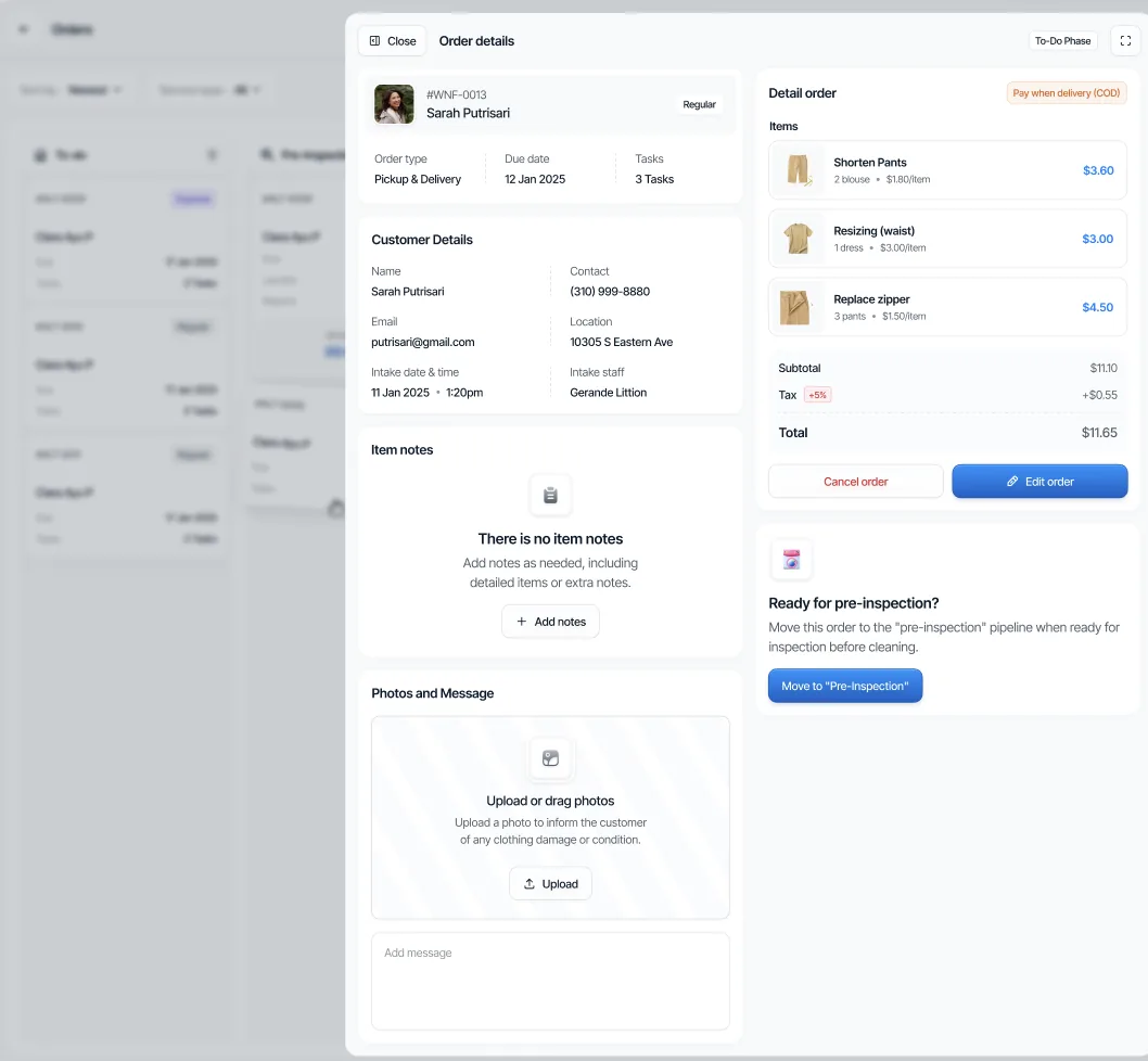 Order details panel showing itemized alteration tasks, customer contact info, and a photo upload area