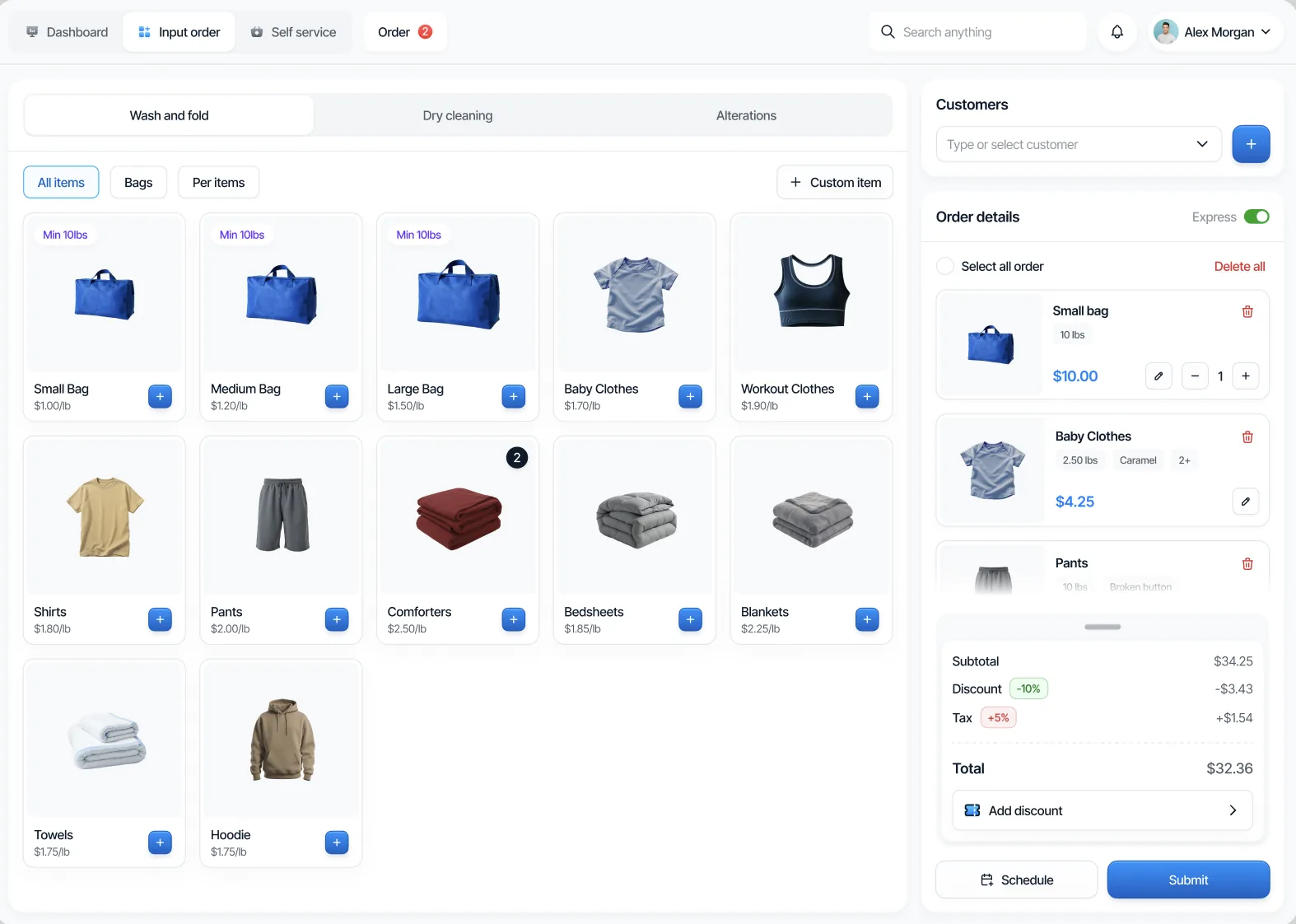 Fold POS order intake screen with wash and fold items and order total